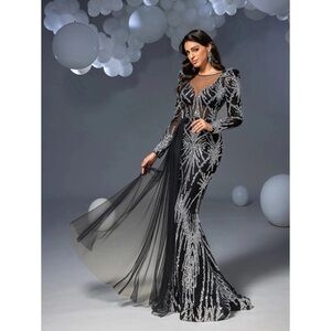 FAERIESTY Gorgeous Graphic Sequin Sheer Overlay Mermaid Hem Evening Dress
